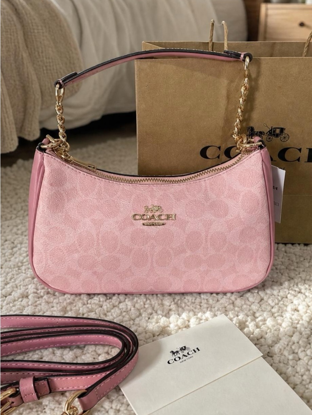Coach Pink Signature Mini Shoulder Bag with Gold Chain